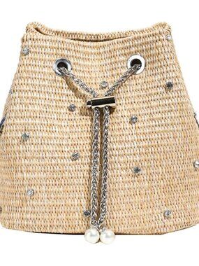 Pearl Straw Bucket Purse for Women Summer Vacation Crossbody Purses Beach Bag Be